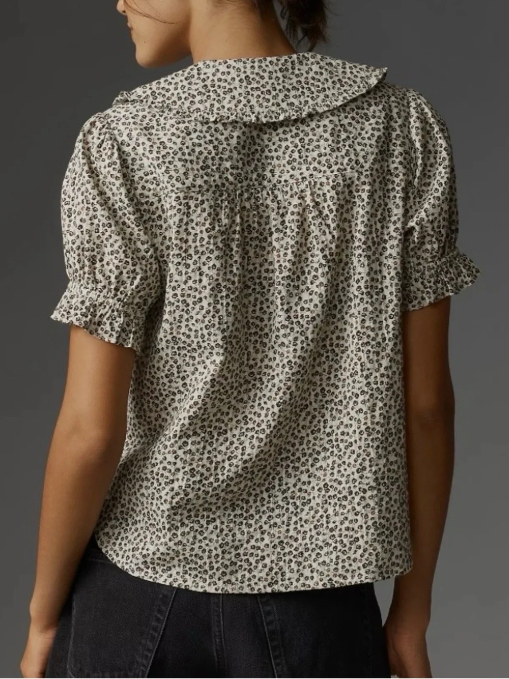 Anthropologie Cream and Black Leopard Print Puff Sleeve Blouse